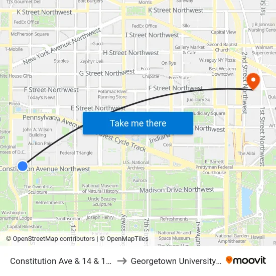 Constitution Ave & 14 & 15 NW Mid Wb to Georgetown University Law Center map