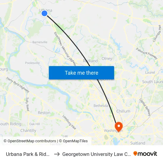 Urbana Park & Ride Lot to Georgetown University Law Center map