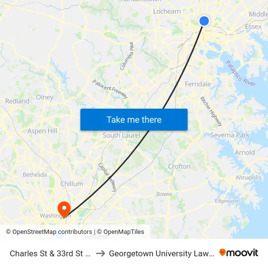 Charles St & 33rd St FS Nb to Georgetown University Law Center map