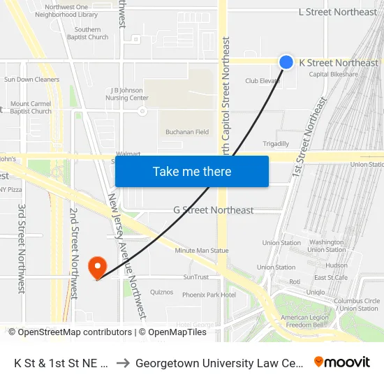 K St & 1st St NE Nb to Georgetown University Law Center map