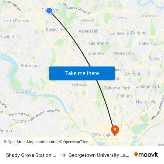 Shady Grove Station  & Bay F to Georgetown University Law Center map