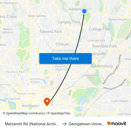 Metzerott Rd (National Archives at College Park) Wb to Georgetown University Law Center map