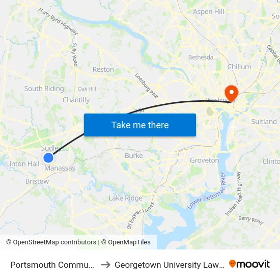 Portsmouth Commuter Lot to Georgetown University Law Center map