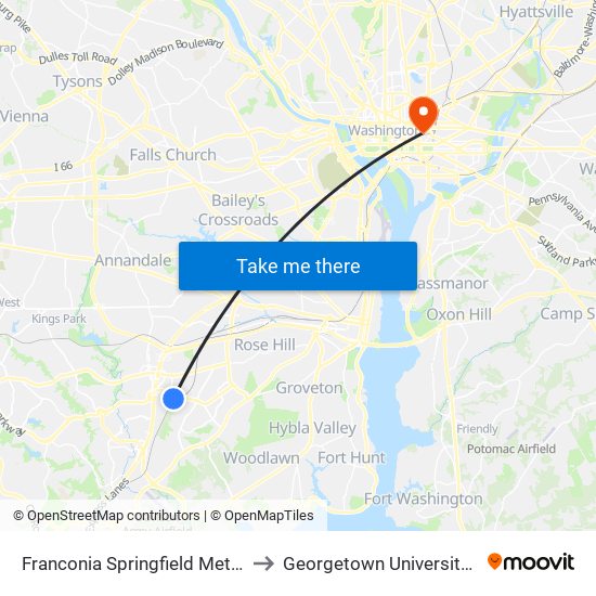 Franconia Springfield Metro Departures to Georgetown University Law Center map
