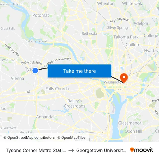 Tysons Corner Metro Station Departures to Georgetown University Law Center map