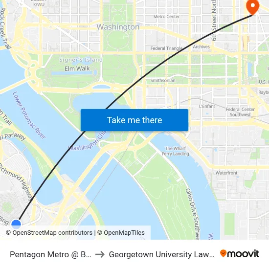 Pentagon Metro @ Bay U3 to Georgetown University Law Center map