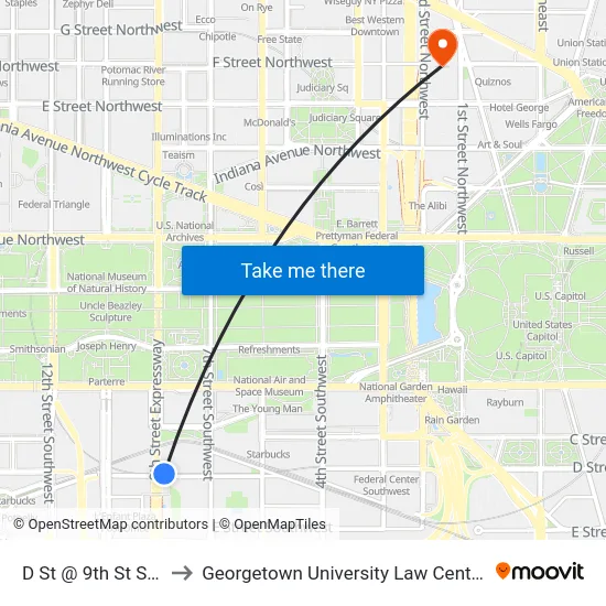 D St @ 9th St SW to Georgetown University Law Center map