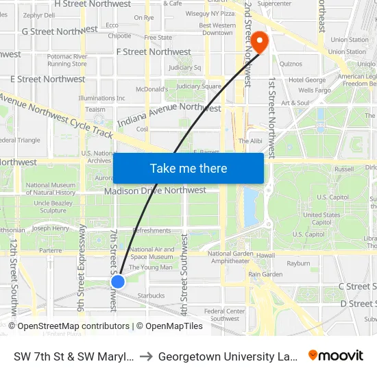 SW 7th St & SW Maryland Av to Georgetown University Law Center map