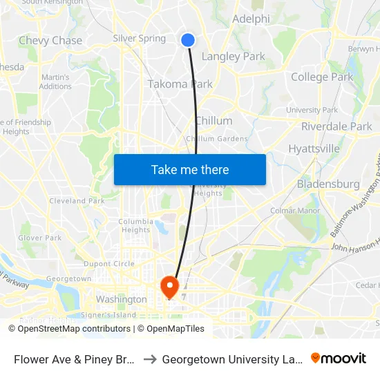 Flower Ave & Piney Branch Rd to Georgetown University Law Center map