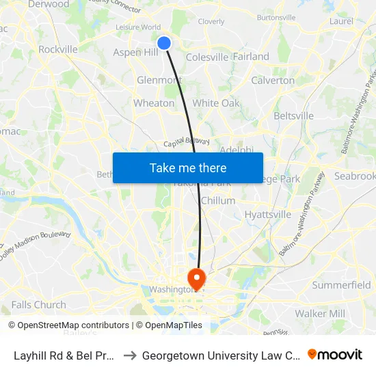 Layhill Rd & Bel Pre Rd to Georgetown University Law Center map