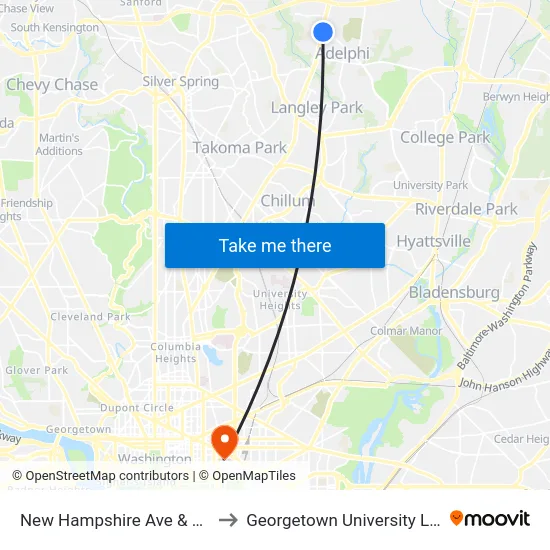 New Hampshire Ave & Adelphi Rd to Georgetown University Law Center map