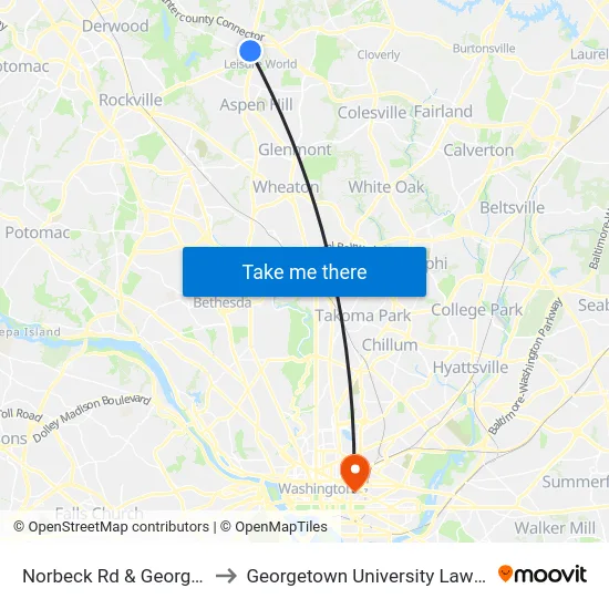 Norbeck Rd & Georgia Ave to Georgetown University Law Center map