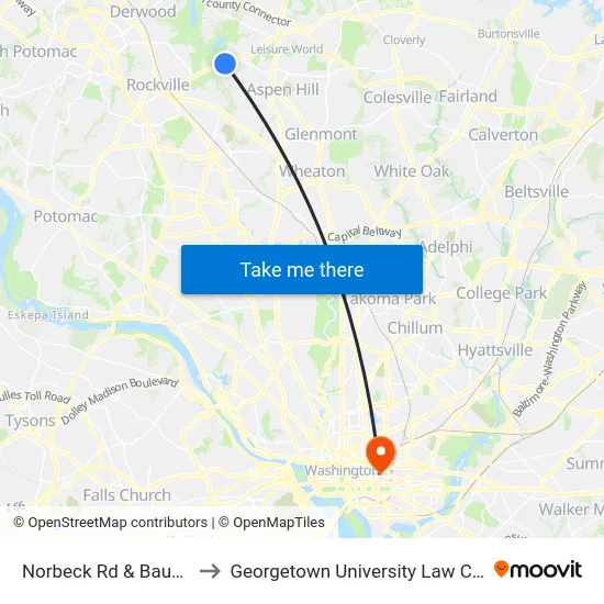 Norbeck Rd & Bauer Dr to Georgetown University Law Center map