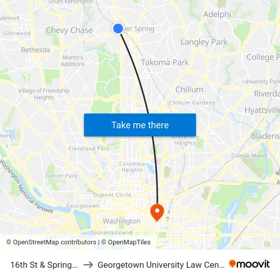 16th St & Spring St to Georgetown University Law Center map