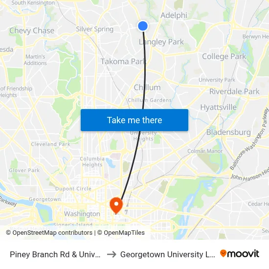 Piney Branch Rd & University Blvd to Georgetown University Law Center map