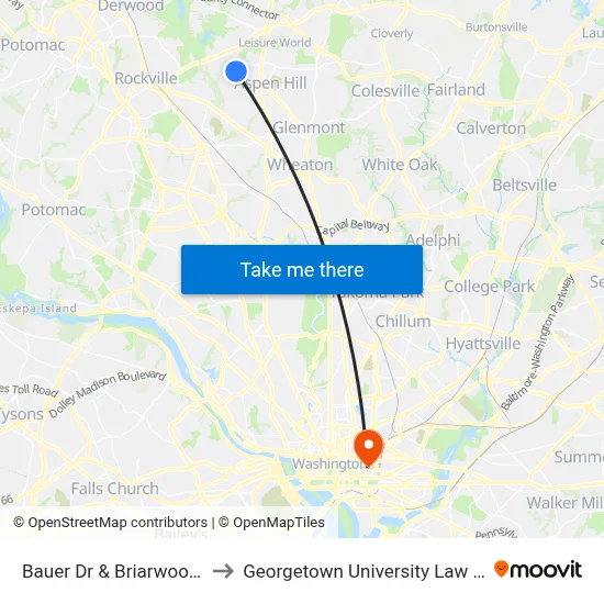 Bauer Dr & Briarwood Terr to Georgetown University Law Center map