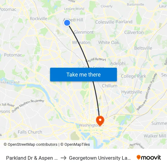 Parkland Dr & Aspen Hill Rd to Georgetown University Law Center map