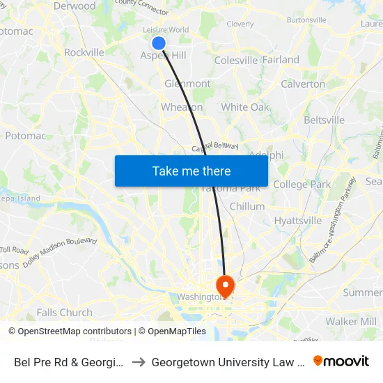 Bel Pre Rd & Georgia Ave to Georgetown University Law Center map