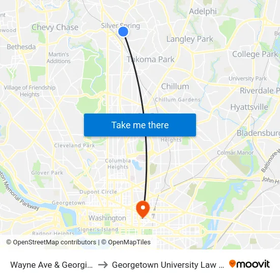Wayne Ave & Georgia Ave to Georgetown University Law Center map