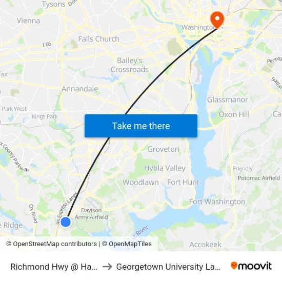 Richmond Hwy @ Hagel Cir to Georgetown University Law Center map