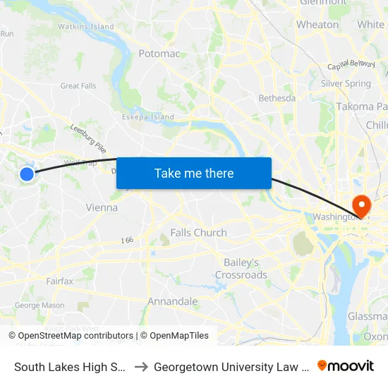 South Lakes High School to Georgetown University Law Center map