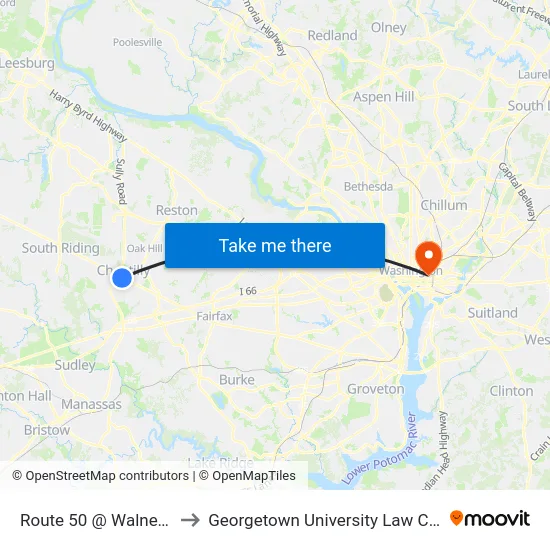 Route 50 @ Walney Rd to Georgetown University Law Center map