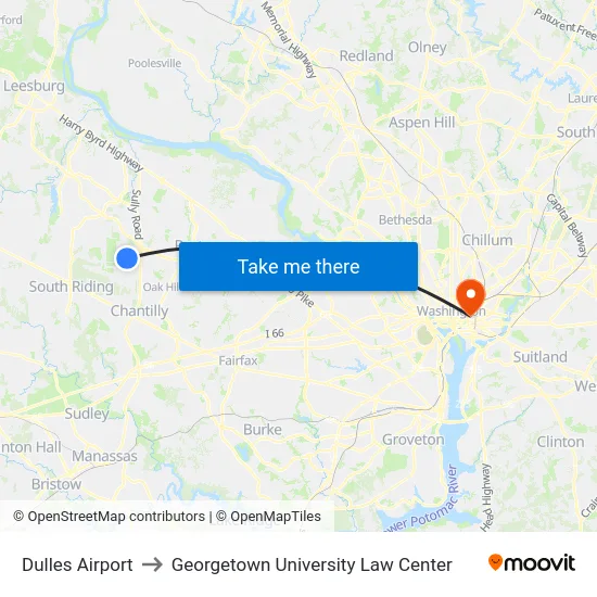 Dulles Airport to Georgetown University Law Center map