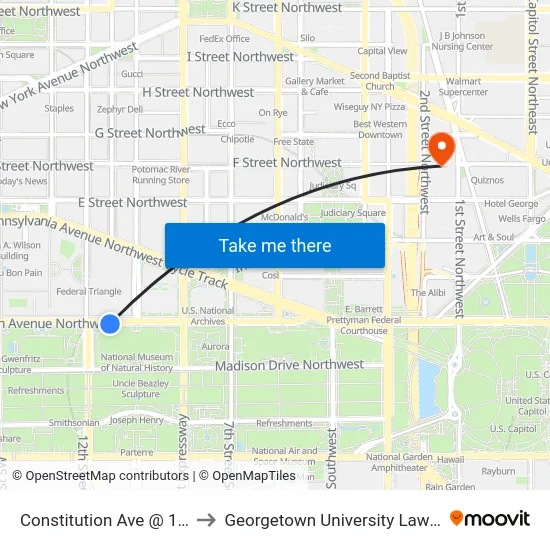 Constitution Ave @ 12th St to Georgetown University Law Center map