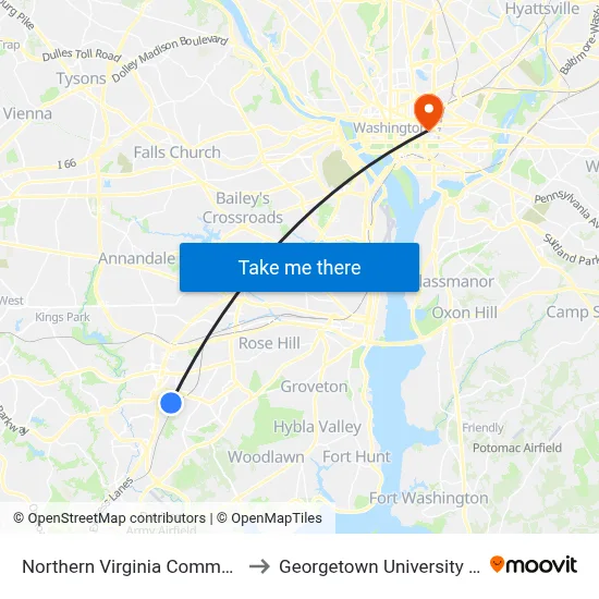 Northern Virginia Community College to Georgetown University Law Center map