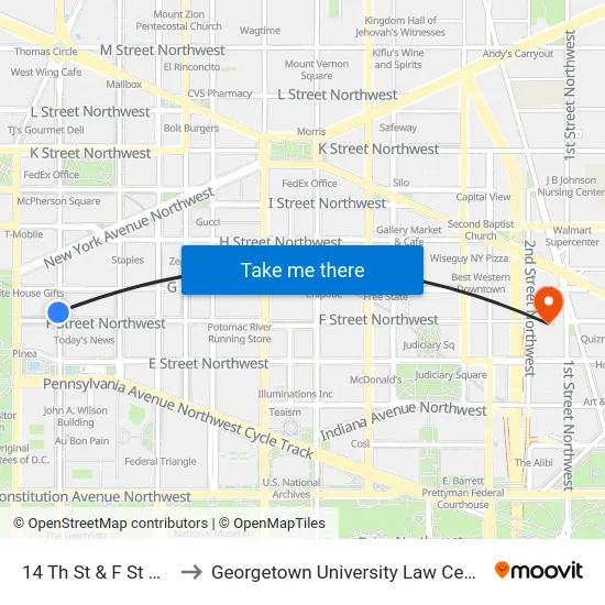14 Th St & F St NW to Georgetown University Law Center map