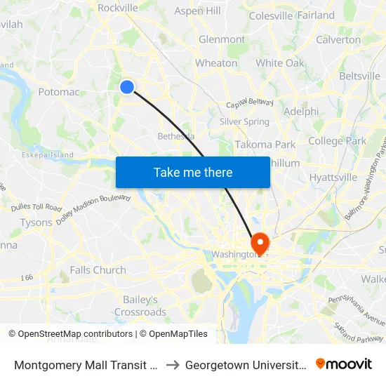 Montgomery Mall Transit Center  & Bay E to Georgetown University Law Center map