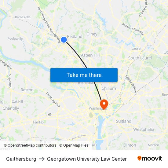 Gaithersburg to Georgetown University Law Center map