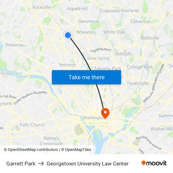 Garrett Park to Georgetown University Law Center map