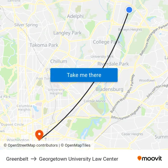Greenbelt to Georgetown University Law Center map