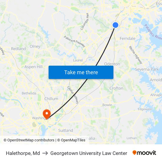 Halethorpe, Md to Georgetown University Law Center map