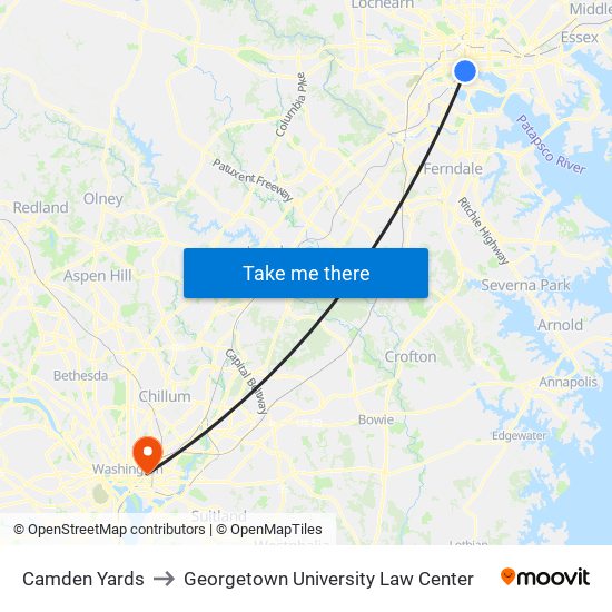 Camden Yards to Georgetown University Law Center map
