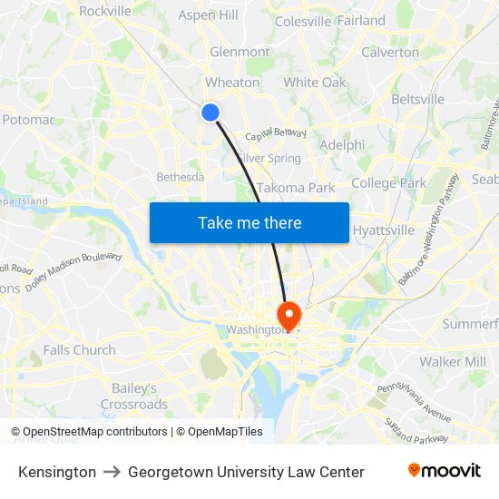 Kensington to Georgetown University Law Center map