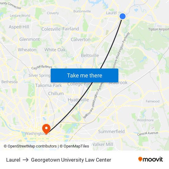 Laurel to Georgetown University Law Center map