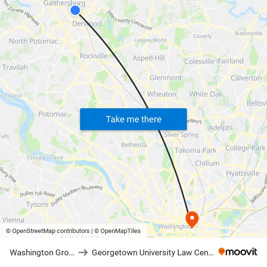 Washington Grove to Georgetown University Law Center map