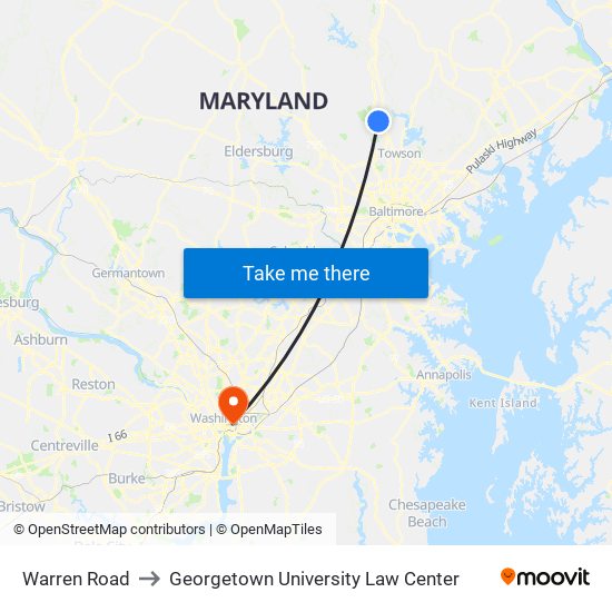 Warren Road to Georgetown University Law Center map