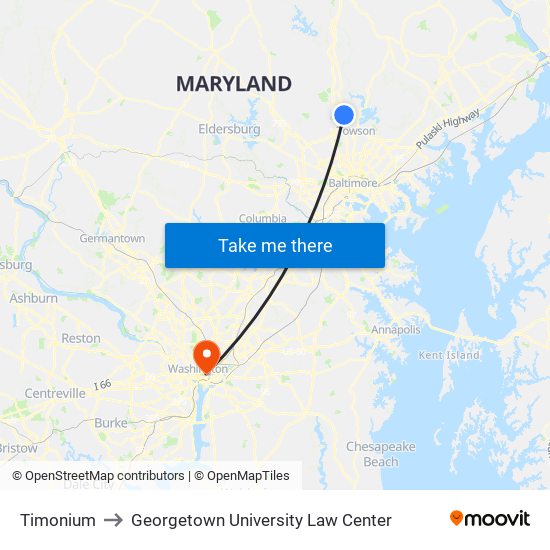 Timonium to Georgetown University Law Center map