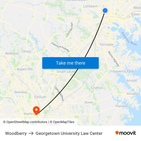 Woodberry to Georgetown University Law Center map