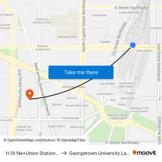 H St Ne+Union Station Garage to Georgetown University Law Center map