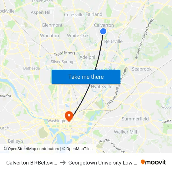 Calverton Bl+Beltsville Dr to Georgetown University Law Center map
