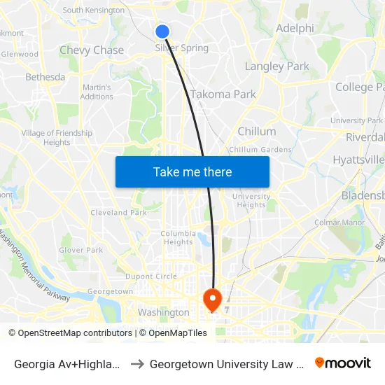 Georgia Av+Highland Dr to Georgetown University Law Center map
