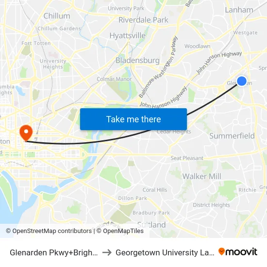 Glenarden Pkwy+Brightseat Rd to Georgetown University Law Center map
