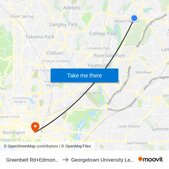 Greenbelt Rd+Edmonston Rd to Georgetown University Law Center map