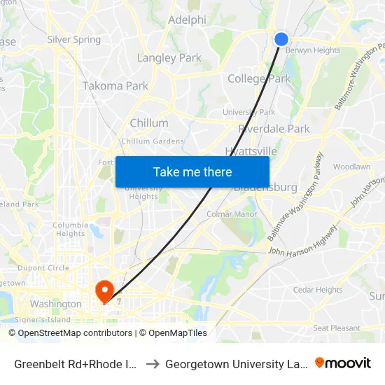 Greenbelt Rd+Rhode Island Av to Georgetown University Law Center map