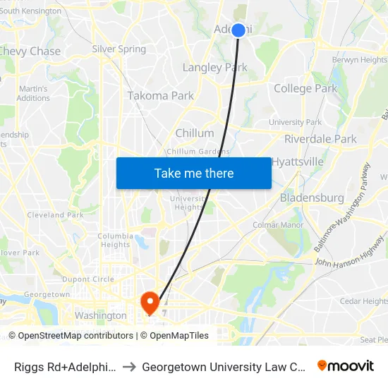 Riggs Rd+Adelphi Rd to Georgetown University Law Center map