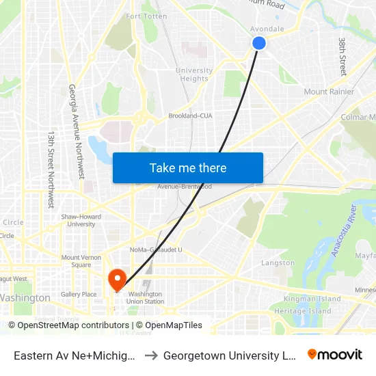 Eastern Av Ne+Michigan Av NE to Georgetown University Law Center map